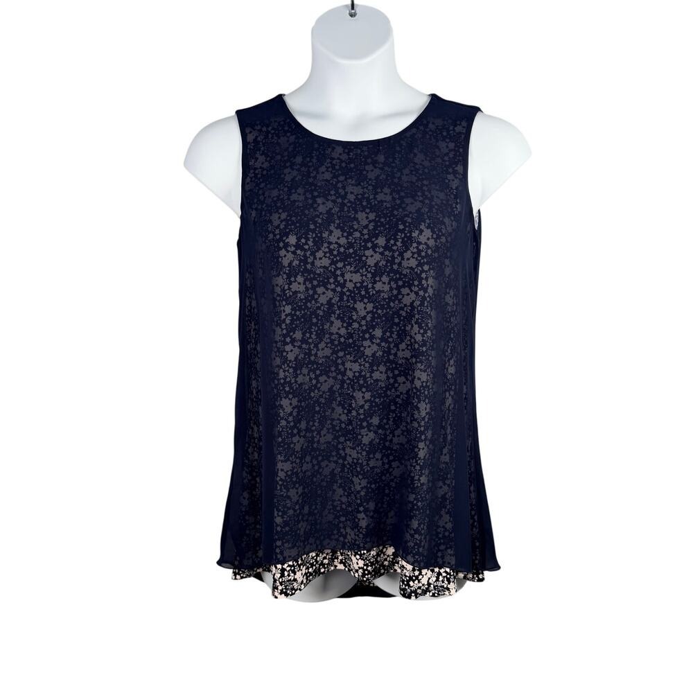 Nine Leonard Blouse S Navy Floral Chiffon Overlay Tank Summer Vacation Casual